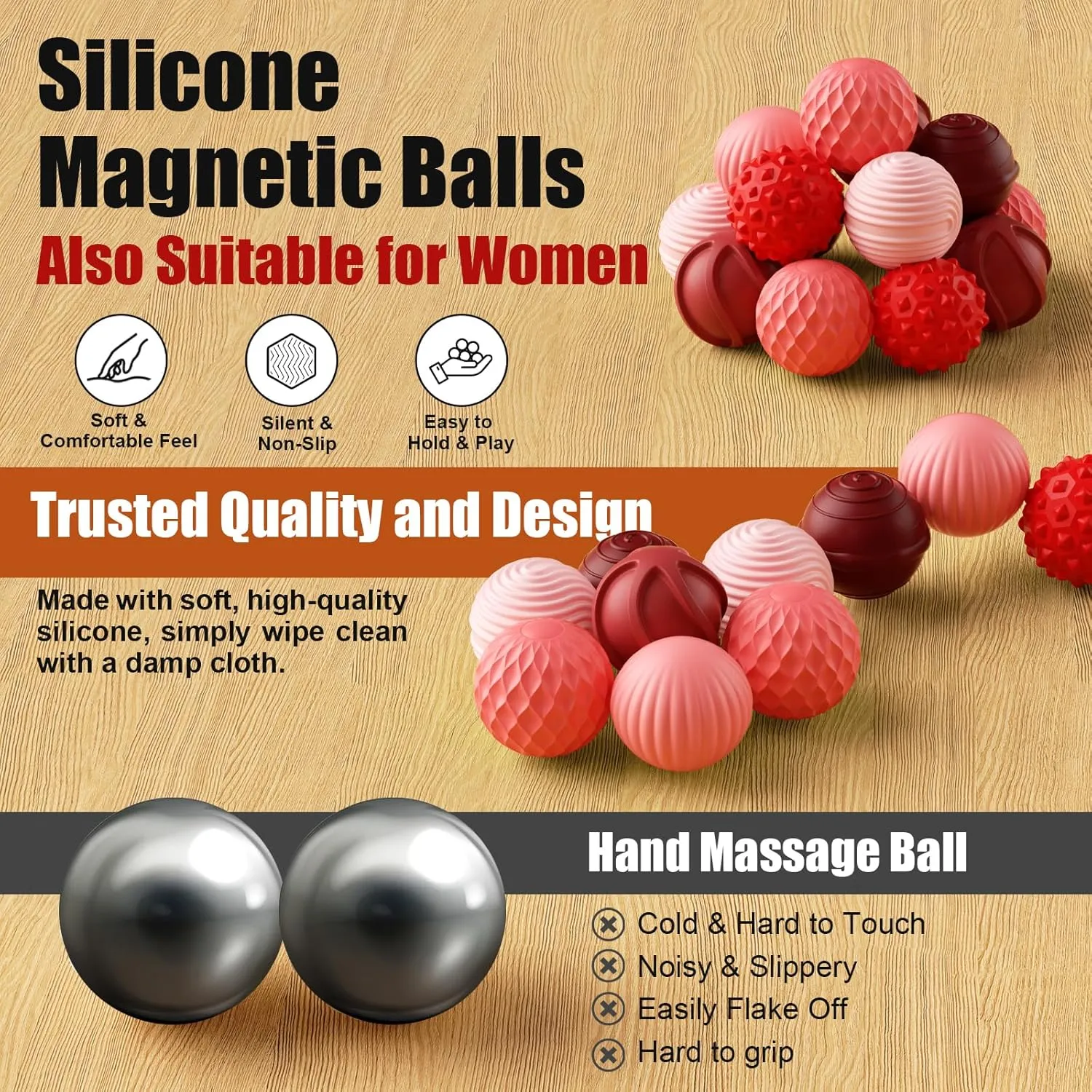 Silicone Magnetic Balls, Fidget Toys, 6-Pack Stress Relief Toys for Adults, Teens, Sensory Toy for Fingers Hands, Quiet Office Desk Toys with Textures, Magnet Fidget Fun Gift (Red)