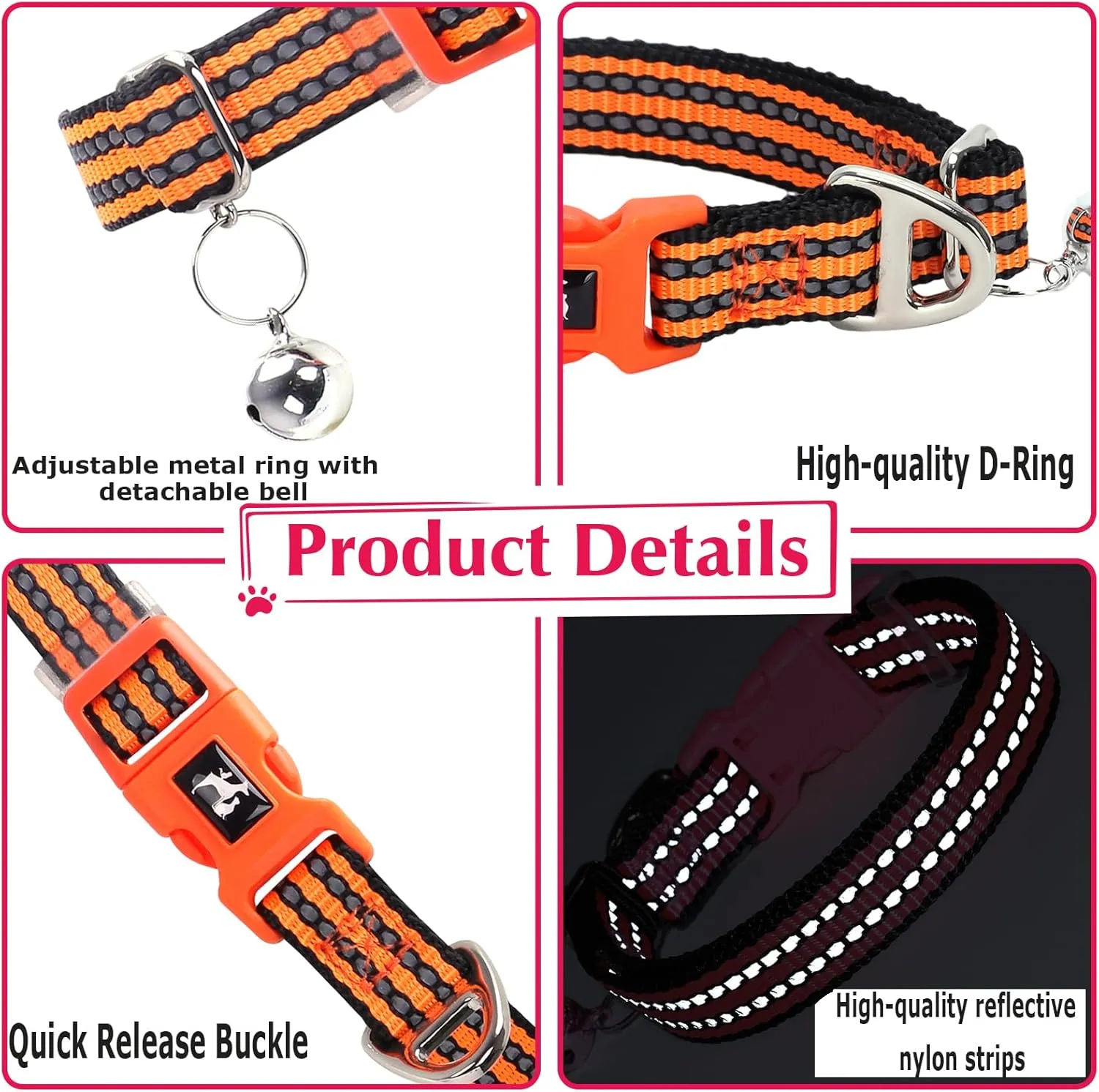 Small Dog Collar with Bell - Reflective Soft Adjustable Nylon Collar for XXS XS Breeds, Lightweight & Comfortable for Tiny Dogs -Orange S
