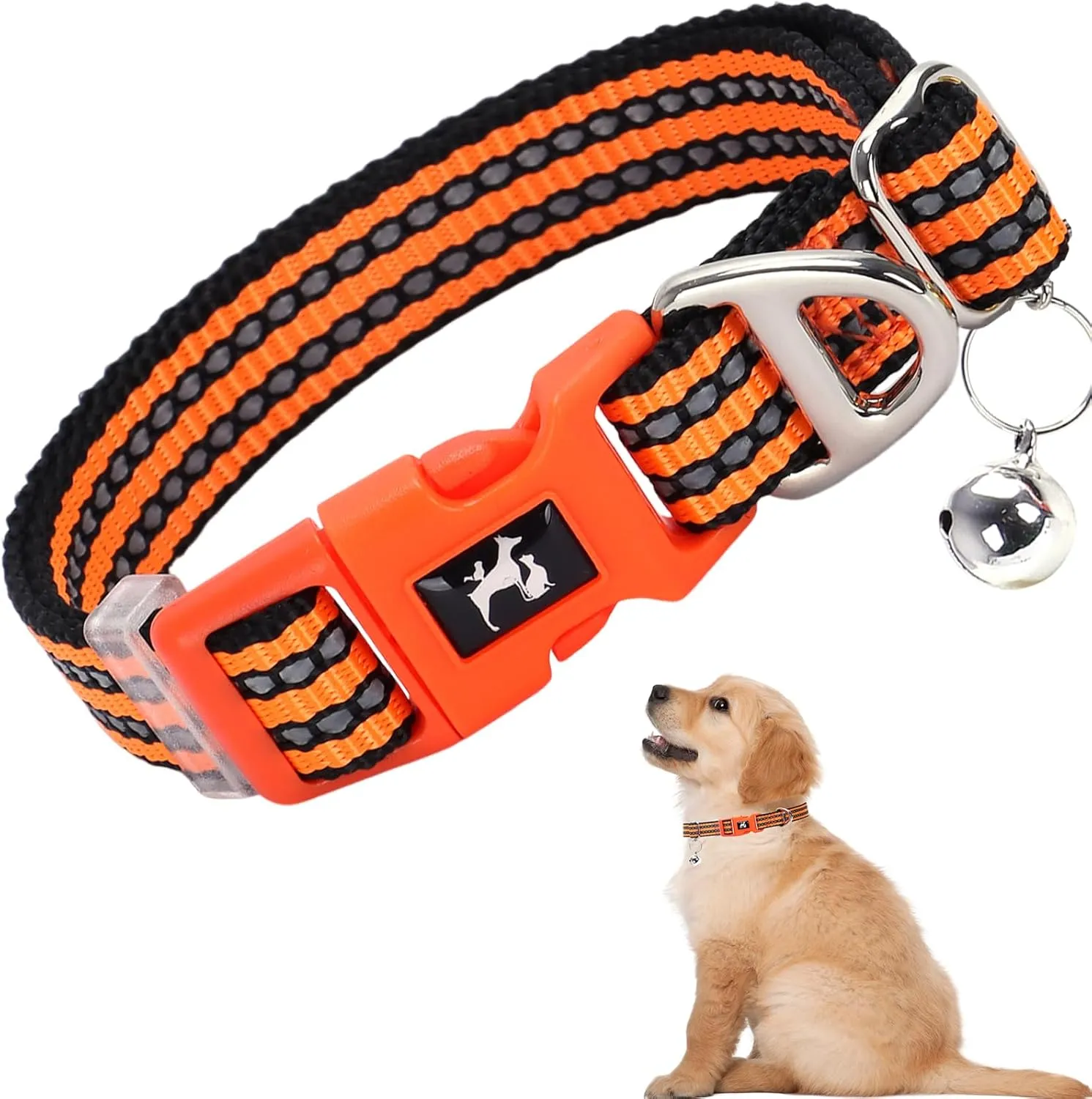 Small Dog Collar with Bell - Reflective Soft Adjustable Nylon Collar for XXS XS Breeds, Lightweight & Comfortable for Tiny Dogs -Orange S