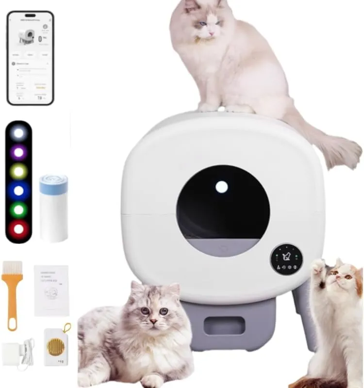Smart Automatic Cat Litter Box Self-Cleaning Litter Box Quiet, Odor Control 95L Large Capacity, Multi-Cat Friendly, App Control, Safety Sensors, Ambient Light, Includes Mat & Garbage Bags