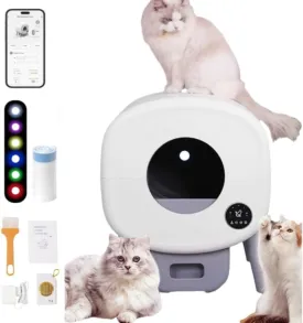 Smart Automatic Cat Litter Box Self-Cleaning Litter Box Quiet, Odor Control 95L Large Capacity, Multi-Cat Friendly, App Control, Safety Sensors, Ambient Light, Includes Mat & Garbage Bags