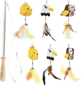 SONGWAY Interactive Cat Toys Wand - Retractable Cat Wand and 6 Pieces Flying Bird Toy Feather Replacement, Felt Feather Cat Toys for Indoor Cats