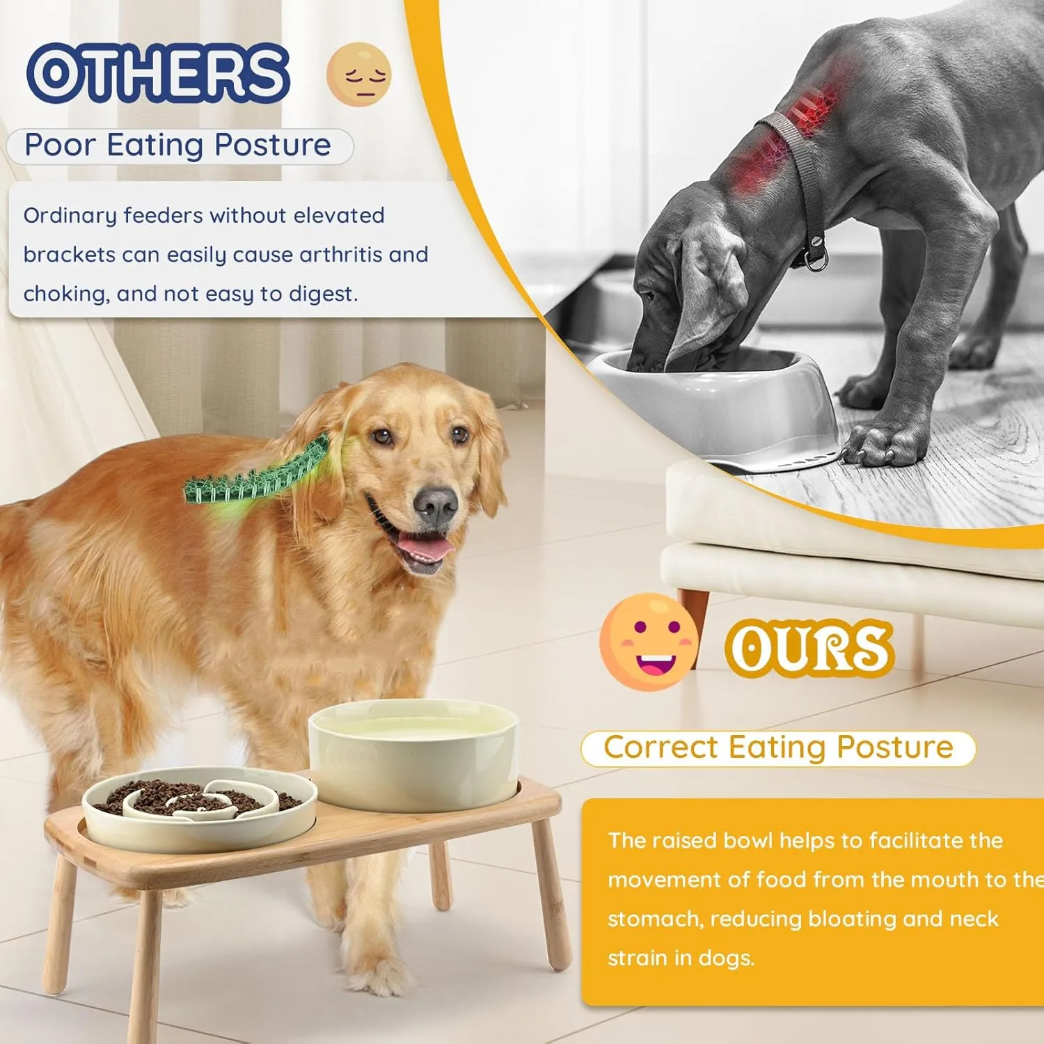 SPUNKYJUNKY Raised Dog Bowls Ceramic Dog Bowls Elevated with Non-Slip Wooden Stand Dog Food Water Bowls for Medium Large Size Dogs(21OZ Slow Feeder 60OZ Bowl,Cream White)