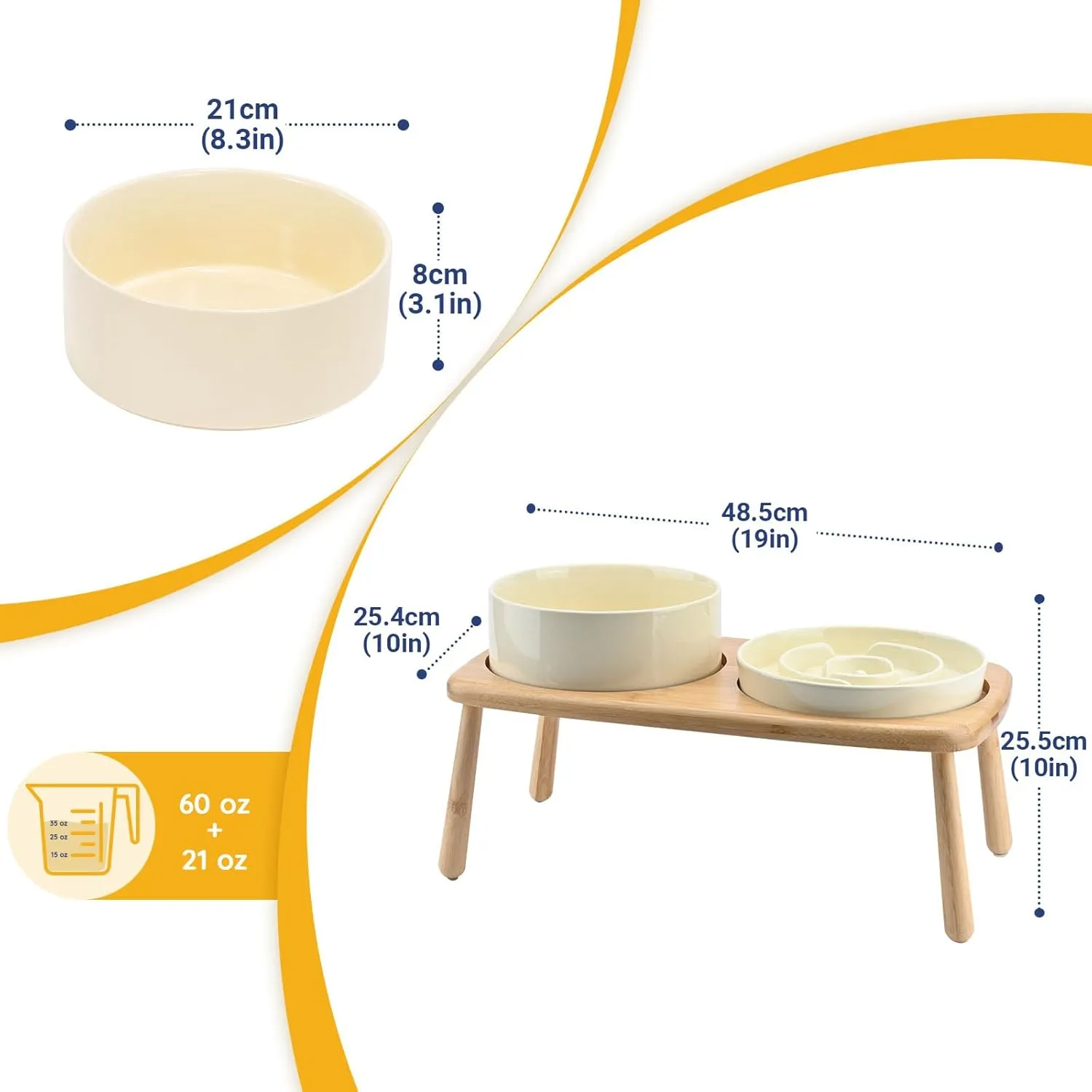 SPUNKYJUNKY Raised Dog Bowls Ceramic Dog Bowls Elevated with Non-Slip Wooden Stand Dog Food Water Bowls for Medium Large Size Dogs(21OZ Slow Feeder 60OZ Bowl,Cream White)