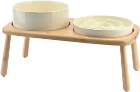 SPUNKYJUNKY Raised Dog Bowls Ceramic Dog Bowls Elevated with Non-Slip Wooden Stand Dog Food Water Bowls for Medium Large Size Dogs(21OZ Slow Feeder 60OZ Bowl,Cream White)