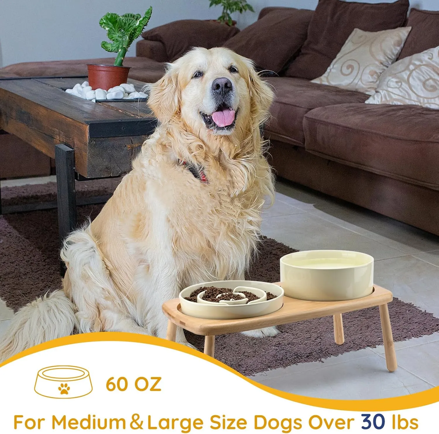 SPUNKYJUNKY Raised Dog Bowls Ceramic Dog Bowls Elevated with Non-Slip Wooden Stand Dog Food Water Bowls for Medium Large Size Dogs(21OZ Slow Feeder 60OZ Bowl,Cream White)