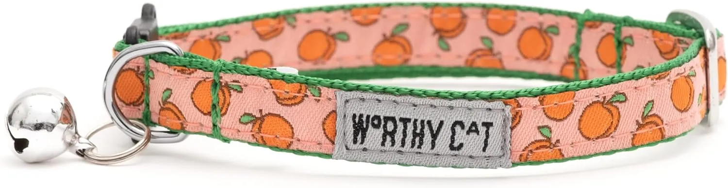 The Worthy Dog Peachy Keen Cat Collar - Durable, Adjustable Nylon Webbing with Woven Ribbon, Quick Release Buckle and Nickel-Plated D-Ring for Puppy and Kitten