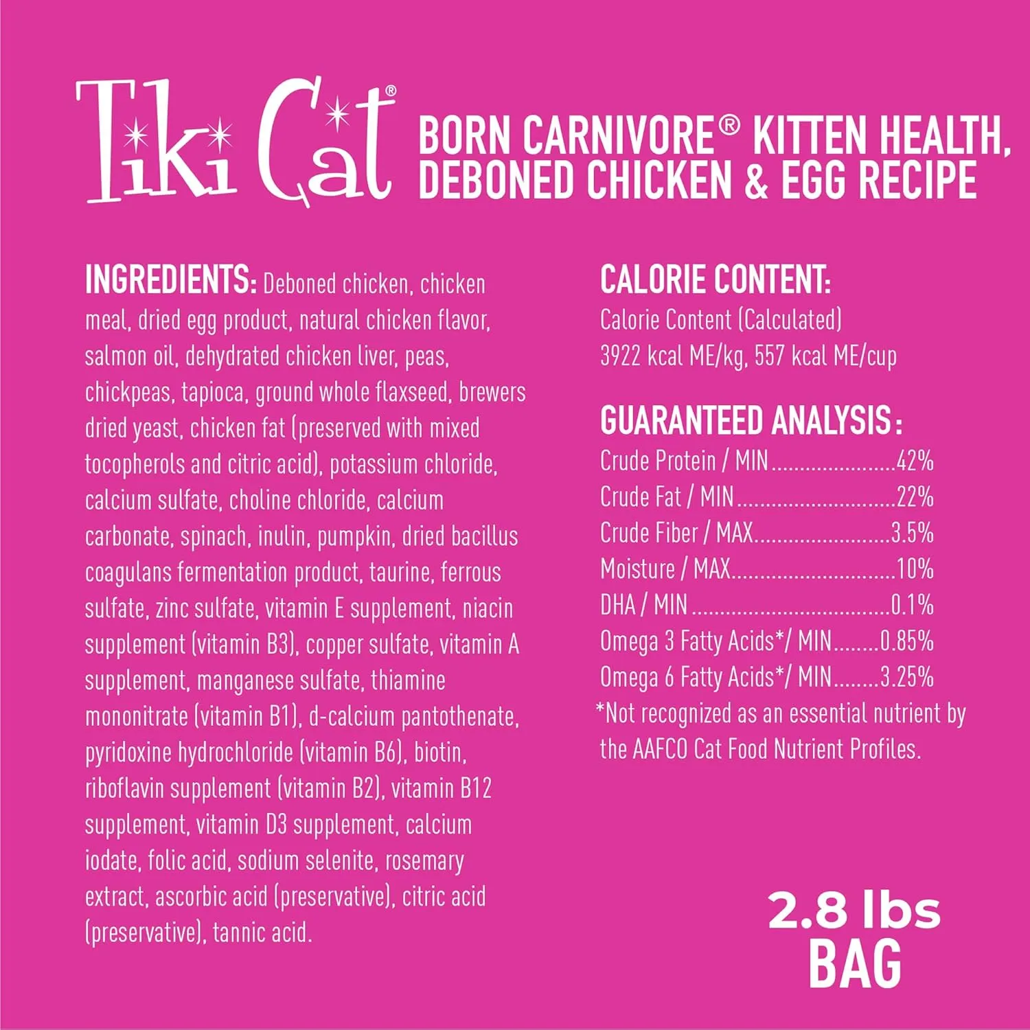 Tiki Cat Born Carnivore Baby Kitten Health Dry Cat Food, Deboned Chicken & Egg, 2.8 lbs. Bag