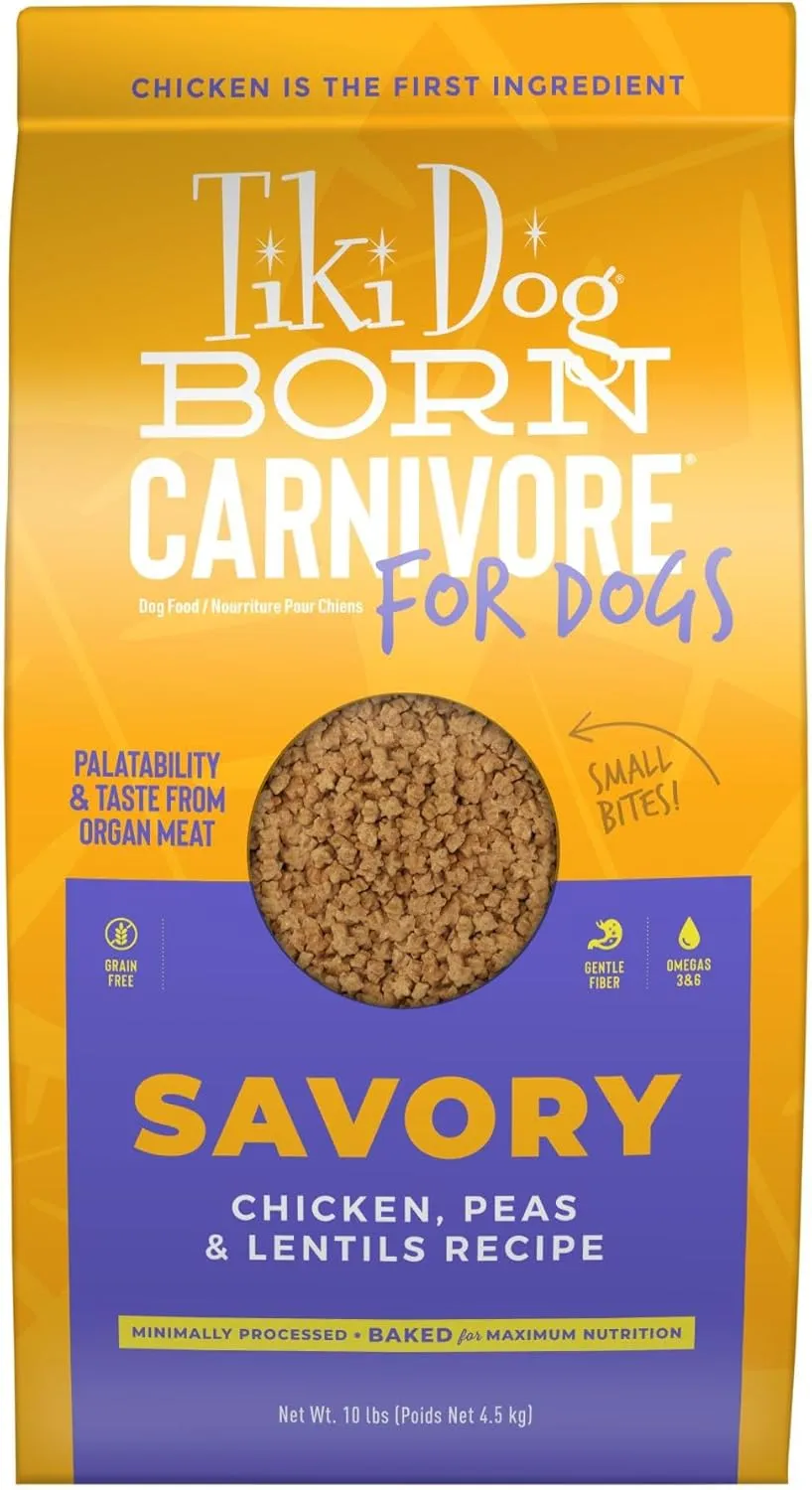 Tiki Dog Born Carnivore for Dogs, Savory Chicken, Peas & Lentils Recipe, Grain Free Baked Kibble for Maximum Nutrition, for Adult Dogs Breed Dogs, 10 lbs. Bag