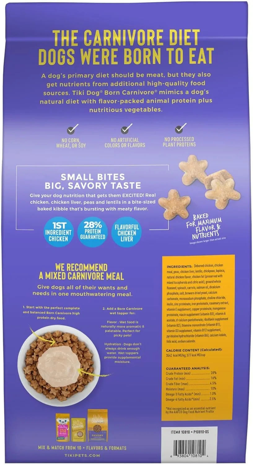 Tiki Dog Born Carnivore for Dogs, Savory Chicken, Peas & Lentils Recipe, Grain Free Baked Kibble for Maximum Nutrition, for Adult Dogs Breed Dogs, 10 lbs. Bag