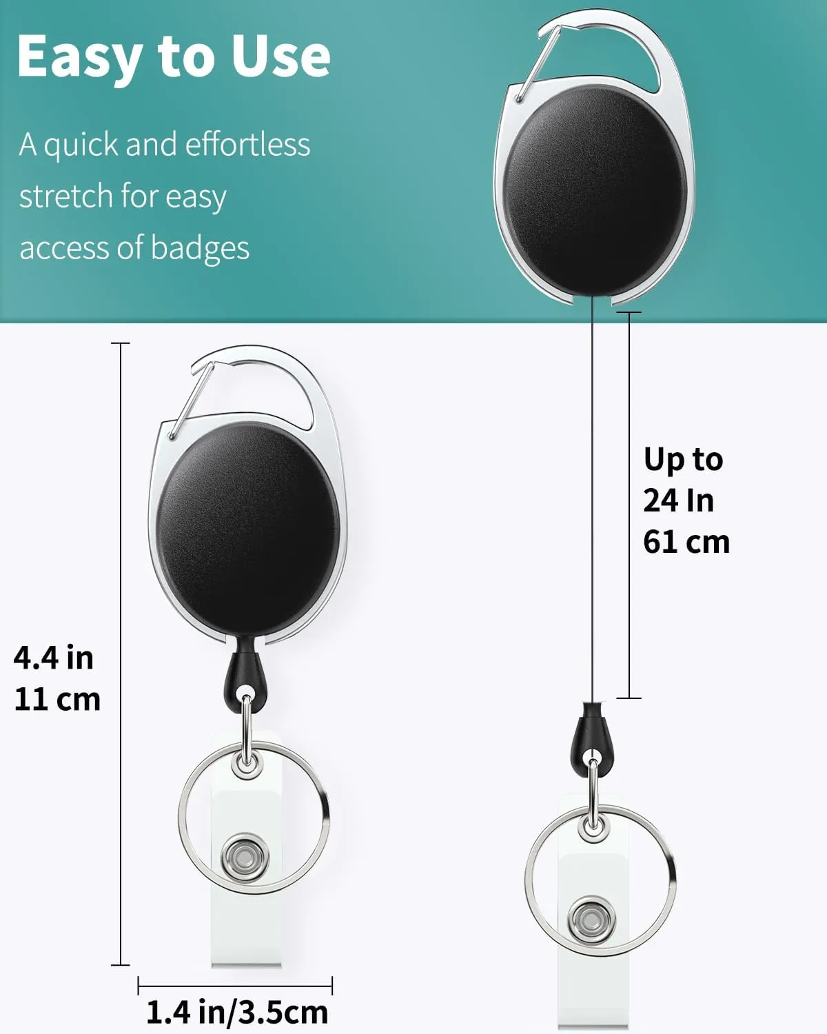 Uniclife 2 Pack Retractable Badge Reel for Badge Holder Heavy Duty Retractable Keychain Strong ABS Casing with Stainless Steel Spring Coil 24 Inch Nylon Rope Carabiner Clip and Key Ring