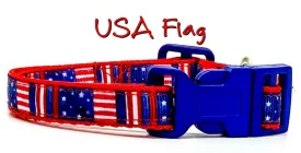 USA Flag cat or small dog collar 1/2" wide adjustable handmade bell or leash Petcollarshandmade