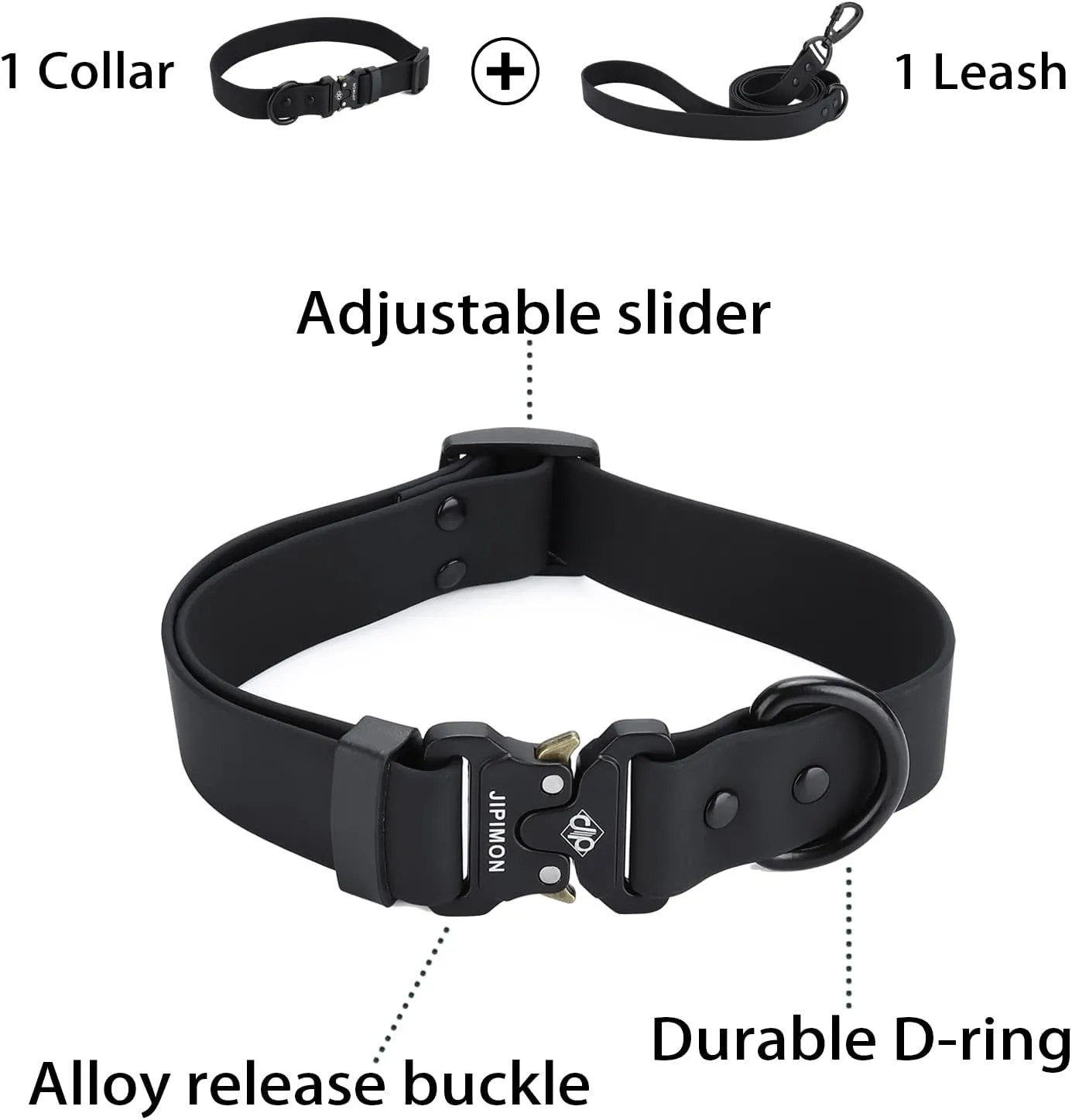 Waterproof Dog Collar and Leash Set Adjustable Quick Release Buckle Collar Leash for Small Medium Large Dogs (Large, Black)