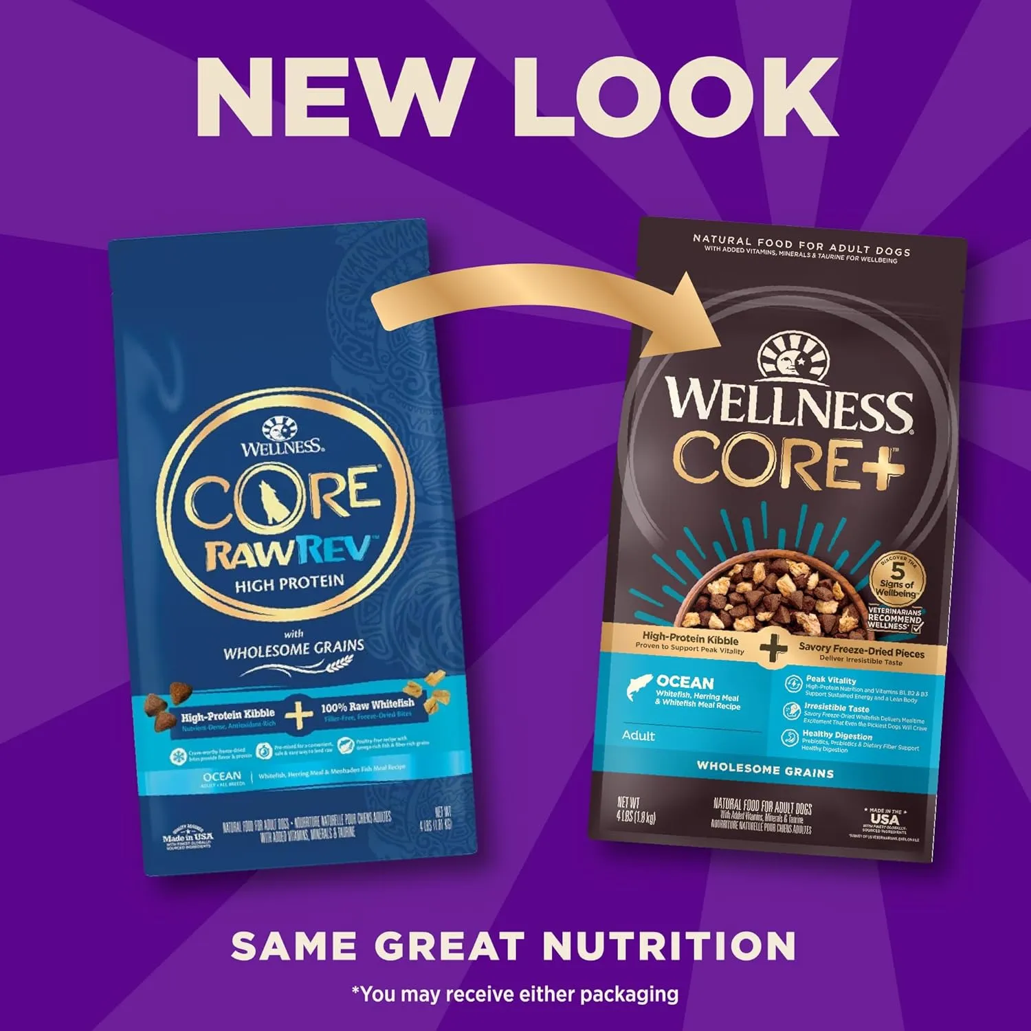 Wellness CORE  (Formerly RawRev) Dry Dog Food with Freeze Dried Pieces, Wholesome Grains, High Protein, Natural, Ocean Whitefish & Herring Recipe, (4-Pound Bag)