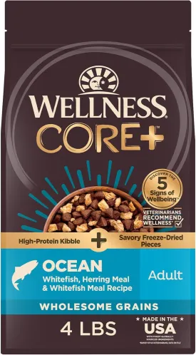 Wellness CORE  (Formerly RawRev) Dry Dog Food with Freeze Dried Pieces, Wholesome Grains, High Protein, Natural, Ocean Whitefish & Herring Recipe, (4-Pound Bag)