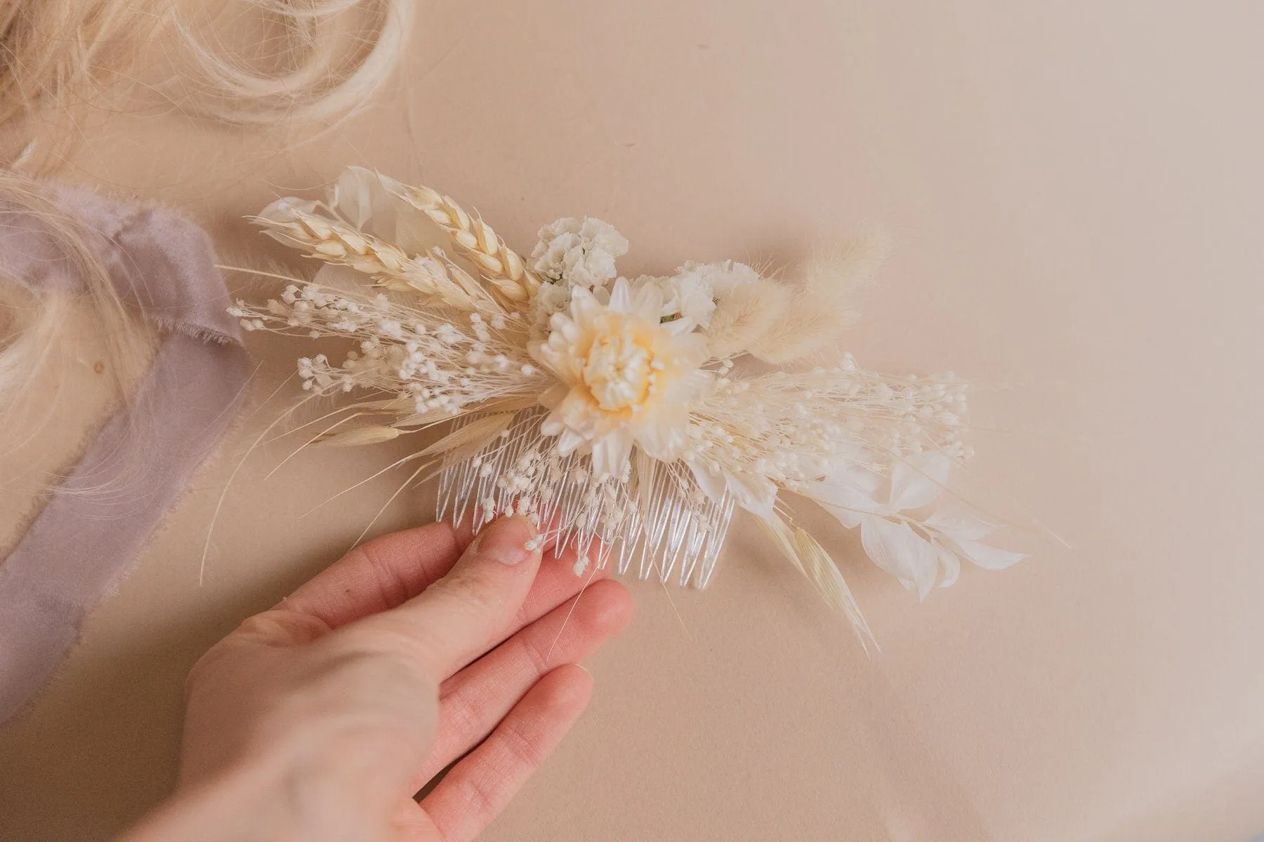 White Statice & Straw Flowers Hair Comb / Bridal Boho Wedding Comb