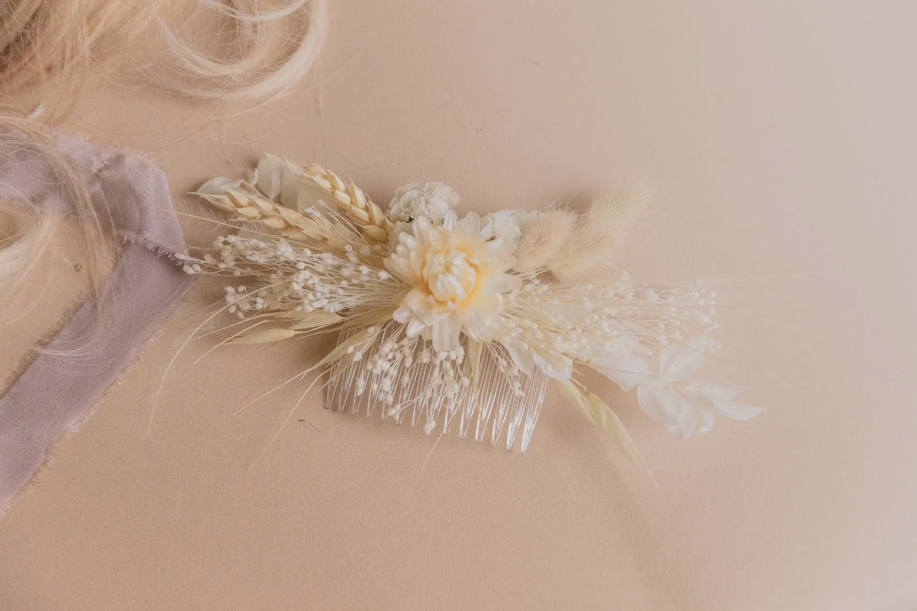 White Statice & Straw Flowers Hair Comb / Bridal Boho Wedding Comb