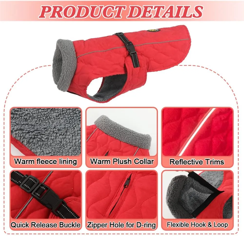 Winter Dog Coats - Warm Fleece Jacket for Small to Large Dogs, Reflective Safety Feature, Red