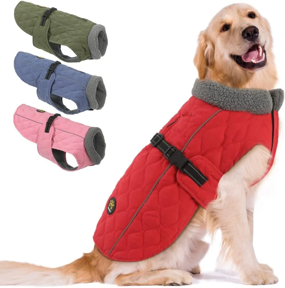 Winter Dog Coats - Warm Fleece Jacket for Small to Large Dogs, Reflective Safety Feature, Red