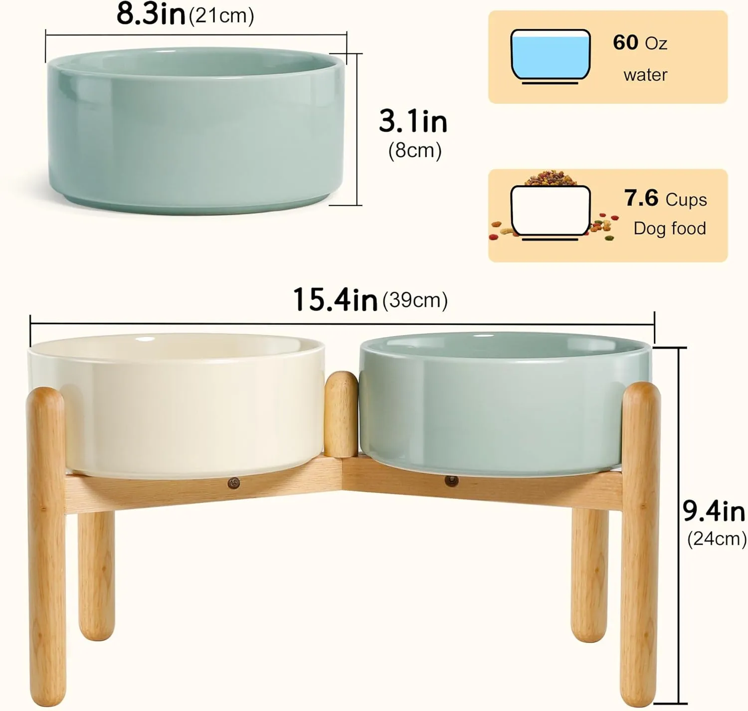 Wordcam Raised Ceramic Dog Bowls with Stand,Elevated Dog Dish, Pet Food and Water Feeder Set for Large Sized Dogs(9.4''High-60 Oz-7.6 Cups)