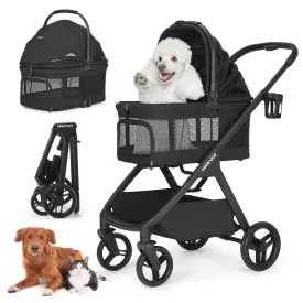 X-5 Luxury Pet Stroller for Medium Dog Under 55lbs or 2 Small Dogs & Cats, Foldable and Carrier -Detachable (Black & Net)